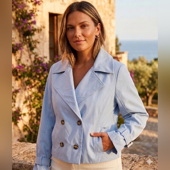 Sky Blue Women's Cropped Trench Coat/Jacket Water Resistant Sz Large NWT - Picture 4 of 7